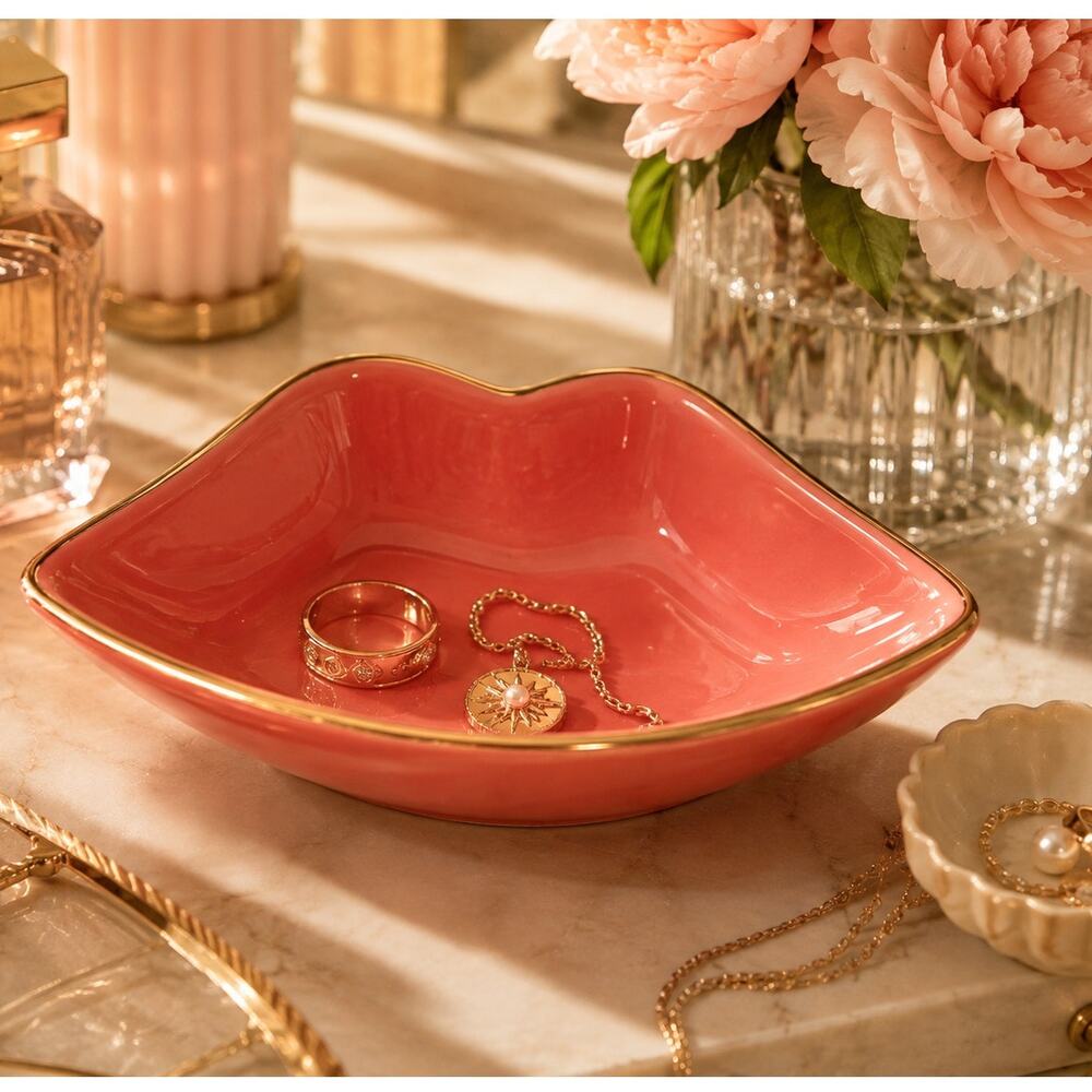 Coral Pink Lips Trinket Dish Gold Trim Ceramic Jewelry Vanity Dish Glam Decor